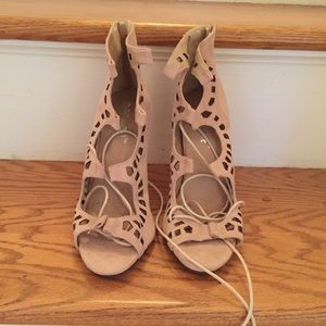 Pink Lace up high heel shoe